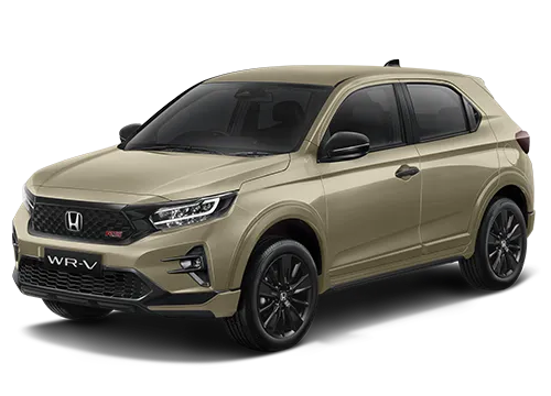 Mobil Honda WR-V berwarna Sand Khaki metallic, tampak depan-samping, diparkir di luar ruangan.